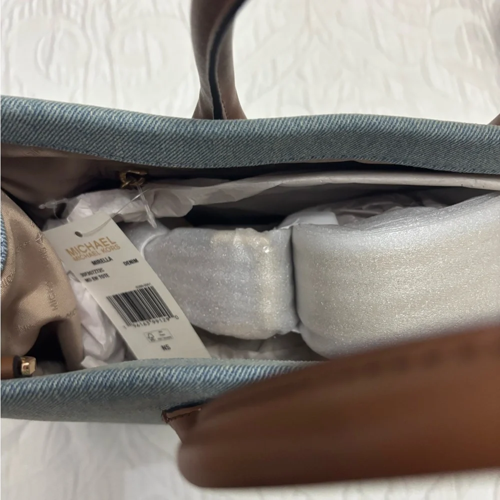 NWT Michael Kors Mirella Denim Blue Tote with Tan Leather Accents - Picture 10 of 11